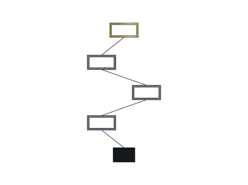 An ownership chart in which a single box at the bottom connects upward through three offset intermediate boxes to one brass-outlined box at the top, the path zigzagging rather than running straight.
